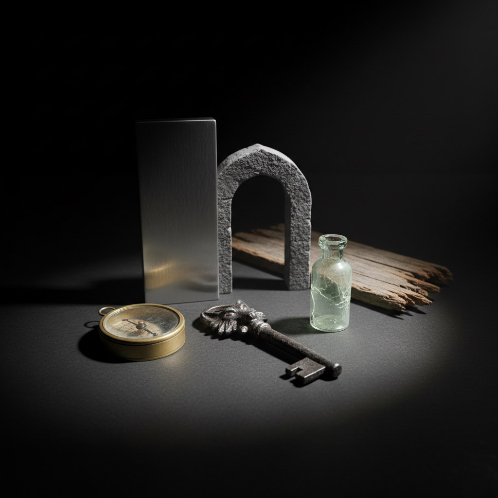 A close-up puzzle still life evoking all three experiences at Komnata Quest Elche: on a dark matte table lie a heavy iron key with a wolf emblem, a vintage brass compass, and a small cracked glass vial with faint green residue, each spaced with deliberate precision. Behind them, three simple geometric shapes—metallic rectangle, stone arch, and wooden plank—hint at three doors, blurred into abstraction. A single narrow spotlight from the upper right creates crisp, overlapping shadows of the objects, while the background falls to solid black. Photographic realism with minimalist styling, shot from a slightly elevated angle, bold contrast, and a mysterious, intellectual mood highlighting the escape room puzzle theme.