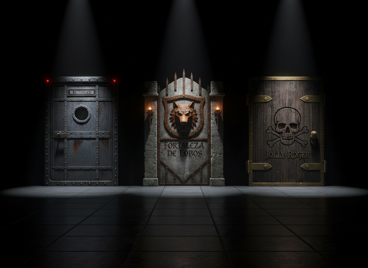 A dramatic composite key image representing Komnata Quest Elche: three imposing doors stand side by side in a dark, minimalist corridor, each with a distinct style. One is a heavy, riveted metal lab door with flickering warning lights for Dr. Frankenstein, another is a weathered stone gate with an iron wolf emblem for Fortaleza de Lobos, and the third is an aged wooden ship’s hatch with brass edges and a carved skull for Jolly Roger. Sharp directional spotlighting from above carves crisp shadows across the floor, leaving the background in deep black. Photographic realism, bold high-contrast lighting, low eye-level perspective, centered composition on the doors, creating a powerful, mysterious, high-impact atmosphere.