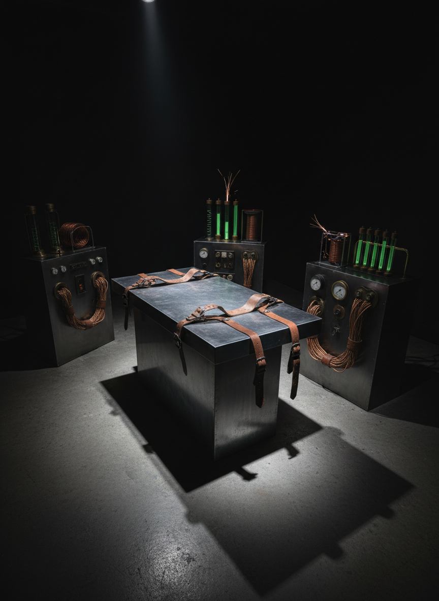 A moody, high-tech laboratory table hinting at the Dr. Frankenstein escape room: a sturdy metal slab table with leather restraints lies in the center of a nearly black room, surrounded by retro-futuristic equipment. Glass tubes filled with faintly glowing green liquid, chunky analog dials, and copper coils line a minimal console. A single intense spotlight from the side rakes across the table’s scratched steel surface, throwing stark shadows of the restraints onto the floor, while everything beyond falls into velvety darkness. Photographic realism, bold contrast, slightly elevated angle, with a minimalist background to emphasize the table and instruments, creating a tense, electrifying atmosphere of forbidden experiments.